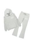 Light heather gray knit two-piece lounge set with hooded pullover and flare pants, size large