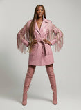 Oversized Pink Faux Leather Fringe Coat Dress
