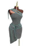 Army Green One Shoulder Buckle Strap Mini Dress