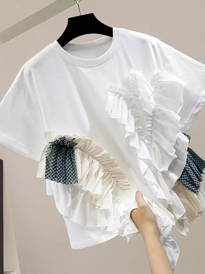 White Drawstring Ruffle Detail T-Shirt Top