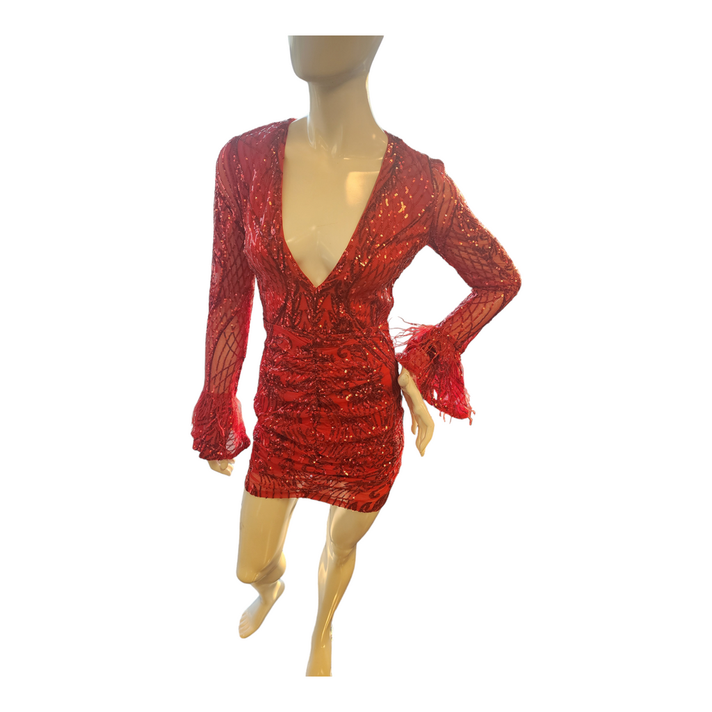 red sequin feather dress Red Sequin Strapless Feathers A-Line Short Formal Dress Modsele