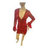 Ruby Red Sequin Feather Bell Sleeve Mini Dress