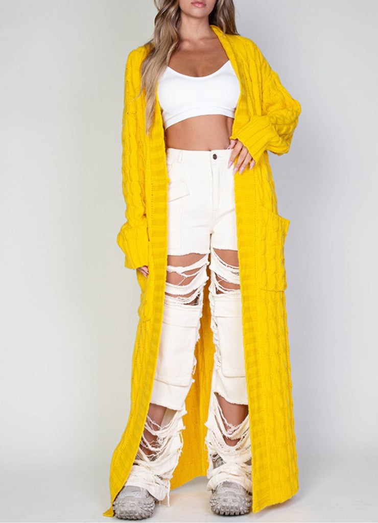Yellow Oversized Cable Knitted Cardigan Sweater