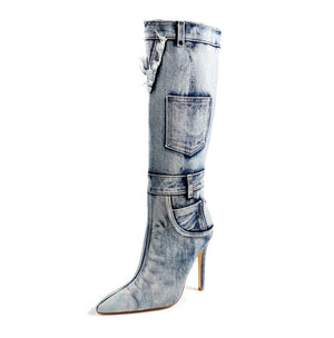 Pocket Denim Mid Calf Boots