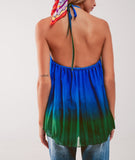 Blue and Green Ombre Pleated High Neck Top