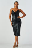 Black Faux Leather Corset Midi Dress
