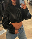 Hooded Faux Leather Cropped Bomber Jacket