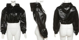 Hooded Faux Leather Cropped Bomber Jacket