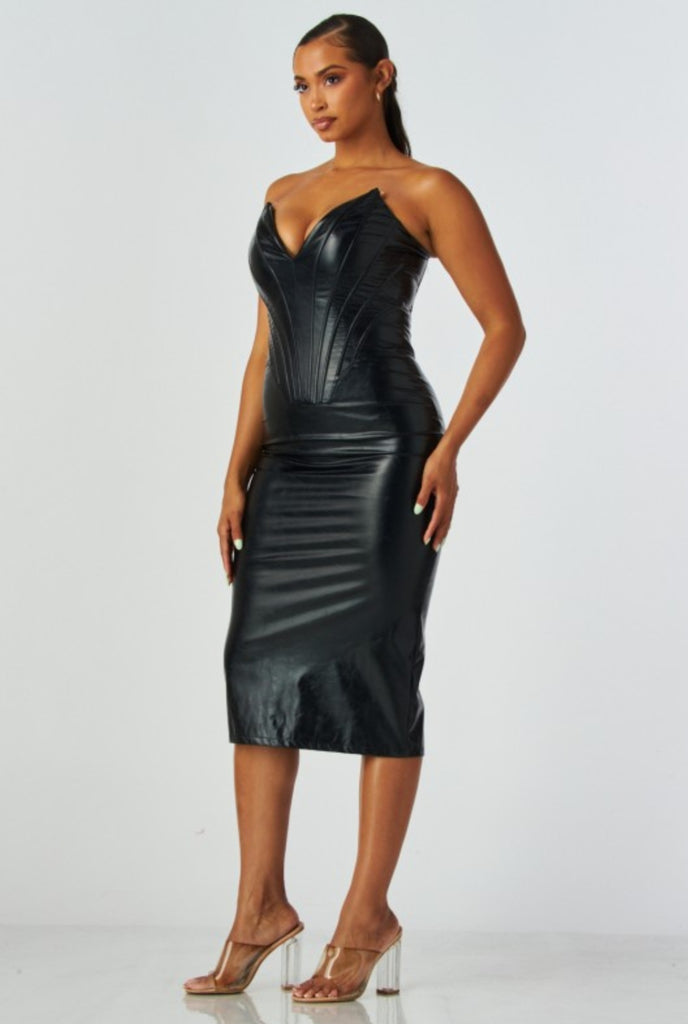 Black Faux Leather Corset Midi Dress - Statement Evening Wear The Rack Clothing Essentials Black Faux Leather Corset Midi Dress - Statement Evening Wear The Rack Clothing Essentials