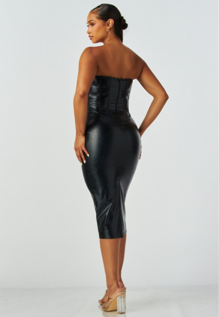 black leather corset dress Black Faux Leather Corset Midi Dress
