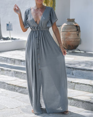 Charcoal Ruffle Sleeve Maxi Dress