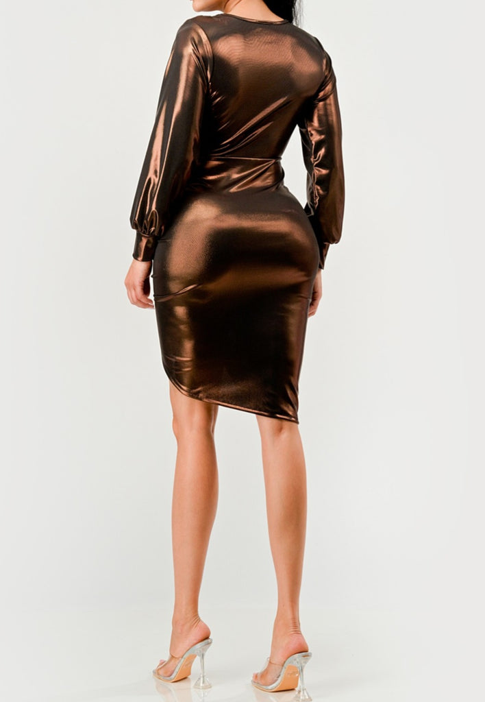Golden Brown Ruched Metallic Dress