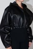 Hooded Faux Leather Cropped Bomber Jacket