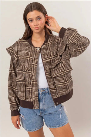 Vintage Houndstooth Bomber Jacket - Classic Check Pattern