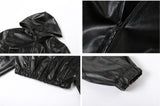 Hooded Faux Leather Cropped Bomber Jacket