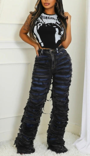 Extreme Distressed High-Waist Denim Jeans - Blue Black