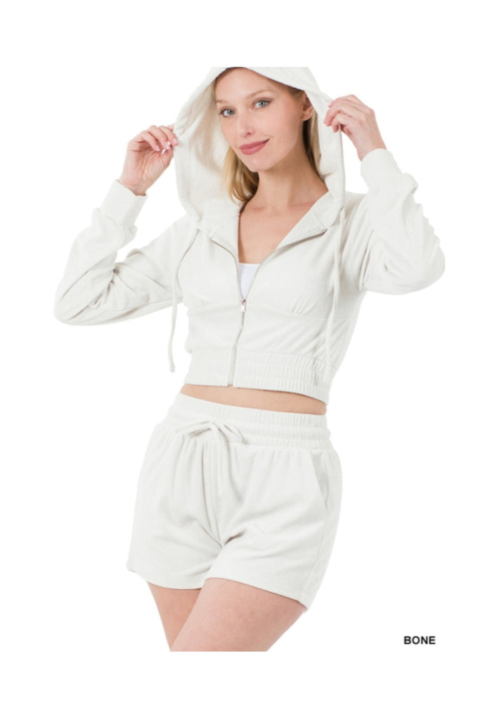 Terry Zip Up Cropped Hoodie & Shorts Set