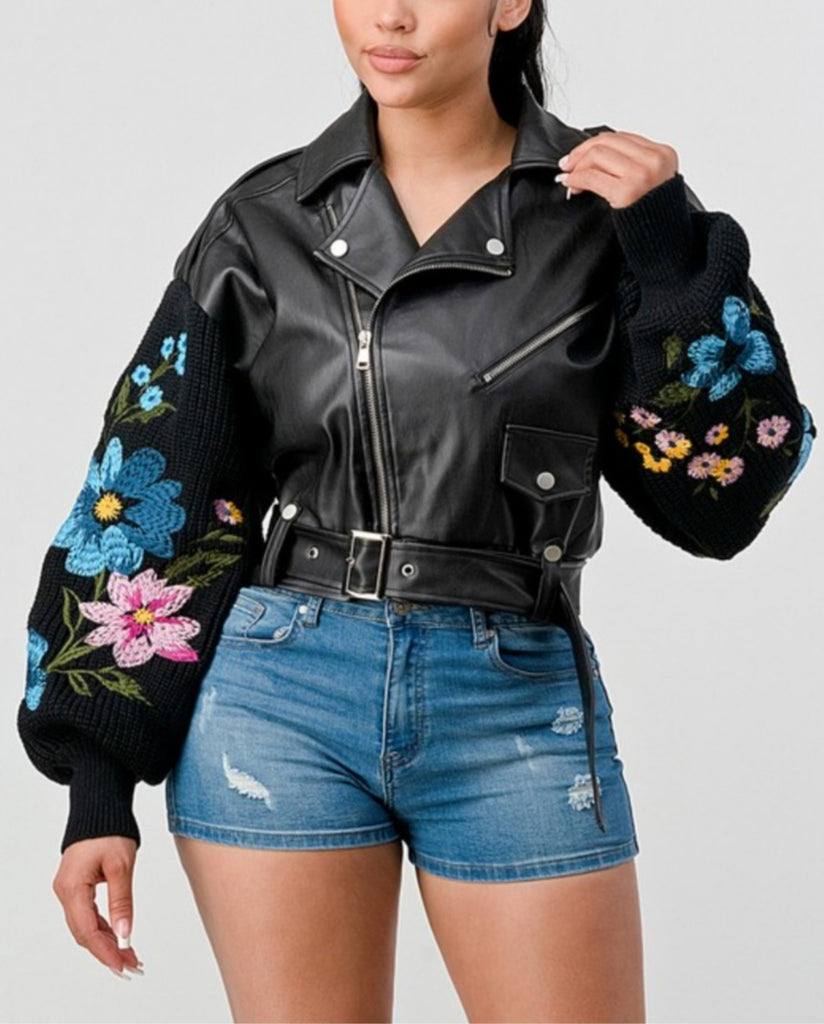 Embroidery Floral Vegan Leather Moto Jacket