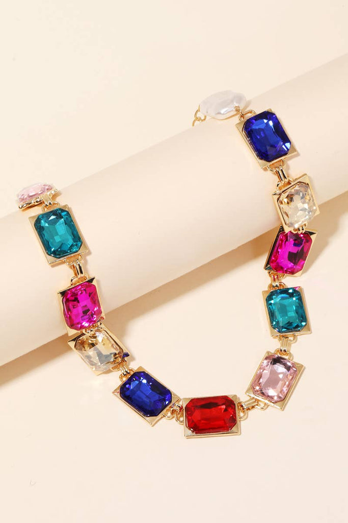 Multi Color Rectangle Crystal Chain Link Necklace
