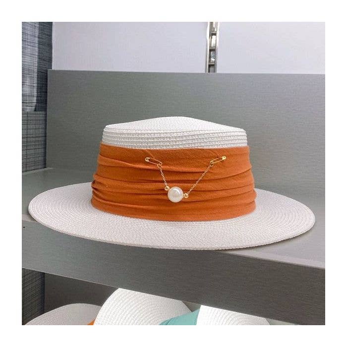 Straw Hat with Silk Band & Pearl Detail