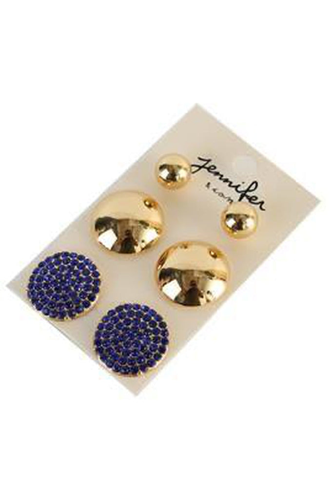 Metal Stones Three Pairs Earrings-Gold/Blue